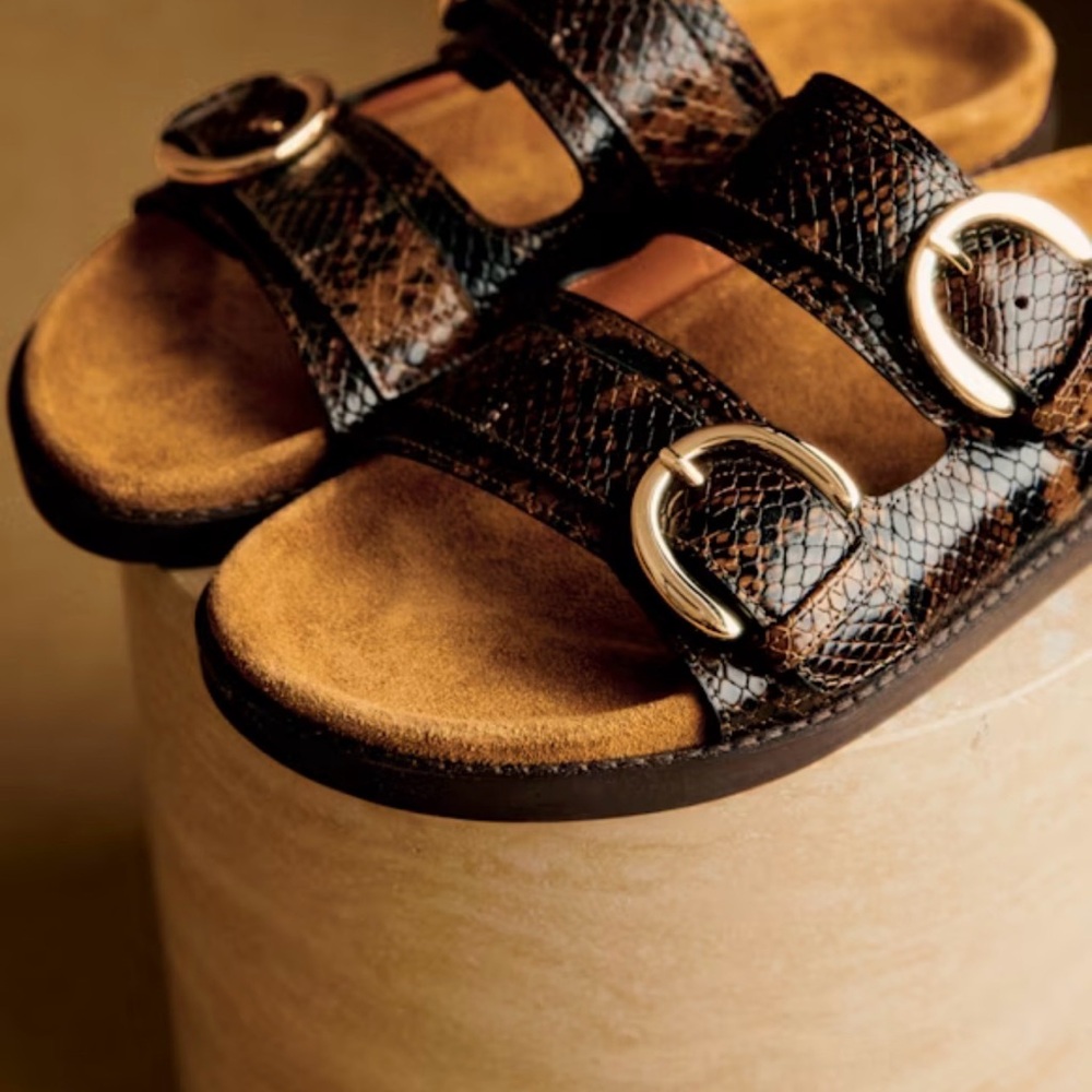 Sezane Olive Green Python Snake Print Sandals- Wo… - image 1